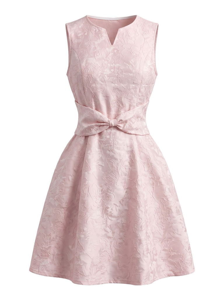 Pale Pink 1960s Floral Bow Belted Dress 3