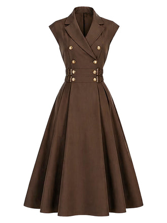 Brown 1940s Lapel Double-Breasted Belted Dress