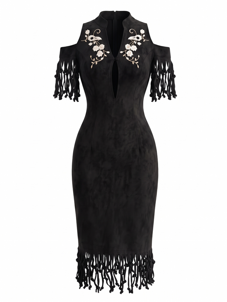 Black 1970s Cold Shoulder Floral Embroidered Fringe Pencil Dress