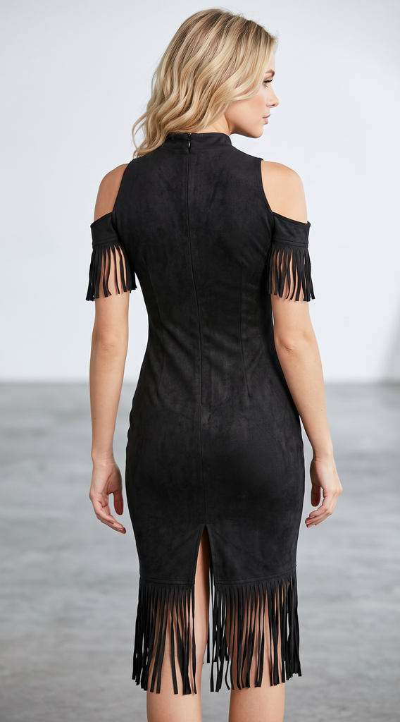 Black 1970s Cold Shoulder Floral Embroidered Fringe Pencil Dress