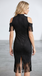 Black 1970s Cold Shoulder Floral Embroidered Fringe Pencil Dress