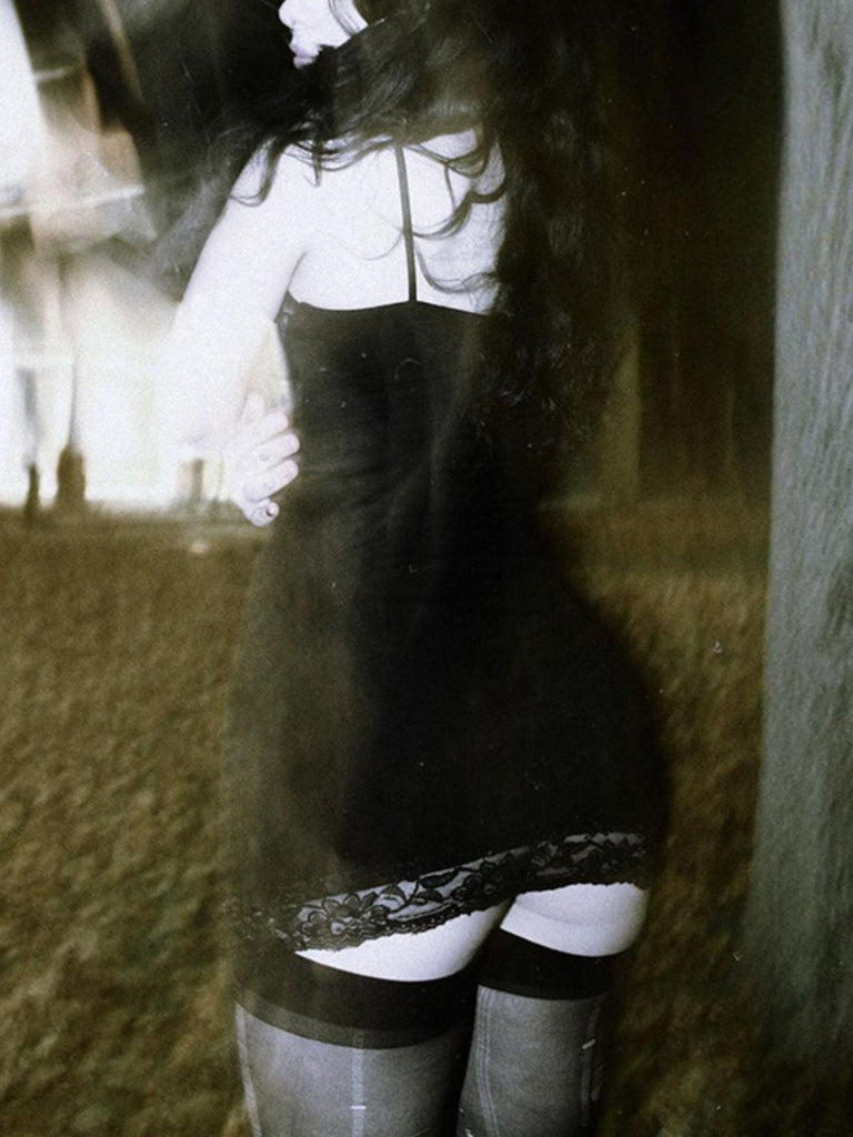 Black 1960s Halloween Gothic Skull Print Lace Cami Dress