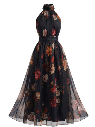 Black 1940s Floral Halter Tulle Backless Maxi Dress