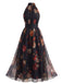 1940s Floral Halter Tulle Backless Maxi Dress