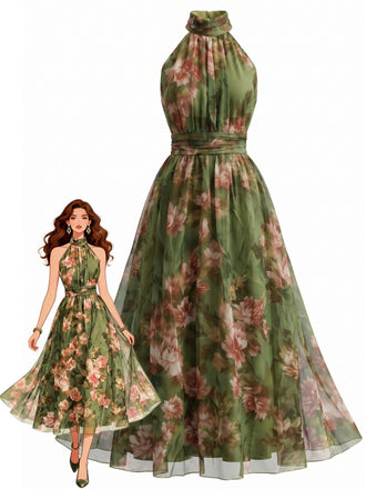 1940s Floral Halter Tulle Backless Maxi Dress