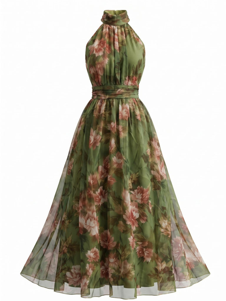 1940s Floral Halter Tulle Backless Maxi Dress