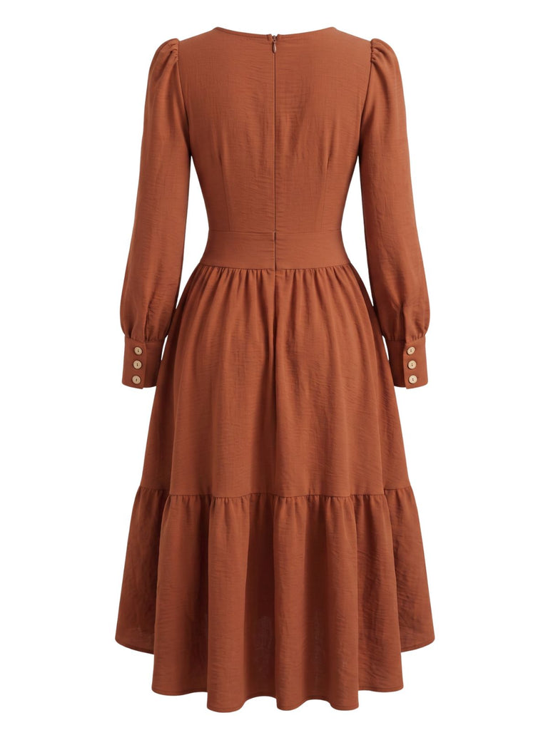 Brown 1970s Square Neck High-Low Hem Dress