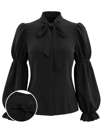 Black 1940s Bow-Tie Neck Virago-Sleeve Fitted Blouse