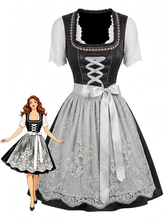 3PCS Black 1950s Square Neck Dress & Lace Floral Apron & Top