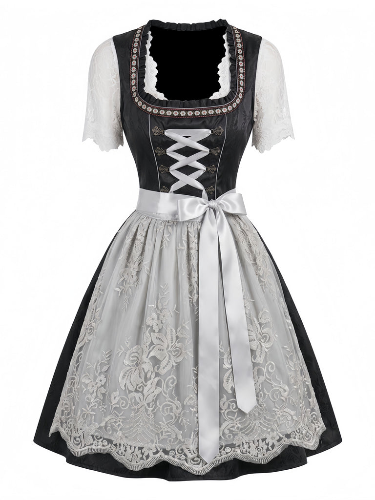 3PCS Black 1950s Square Neck Dress & Lace Floral Apron & Top