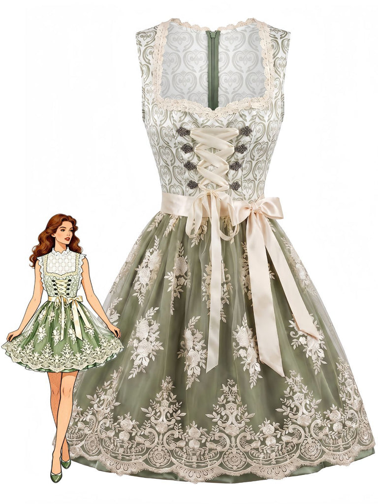 Light Green 1950s Square Neck Dress & Floral Lace Apron & White Top