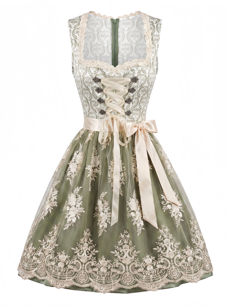Light Green 1950s Square Neck Dress & Floral Lace Apron