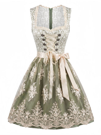 Light Green 1950s Square Neck Dress & Floral Lace Apron