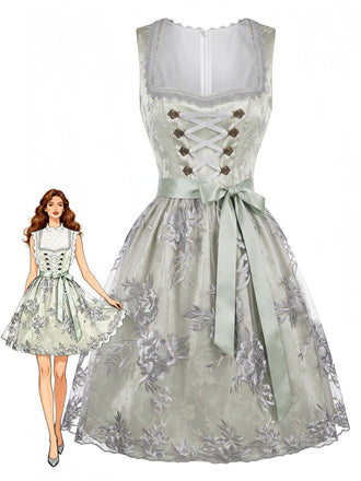Light Blue 1950s Square Neck Floral Lace-Up Dress with Apron