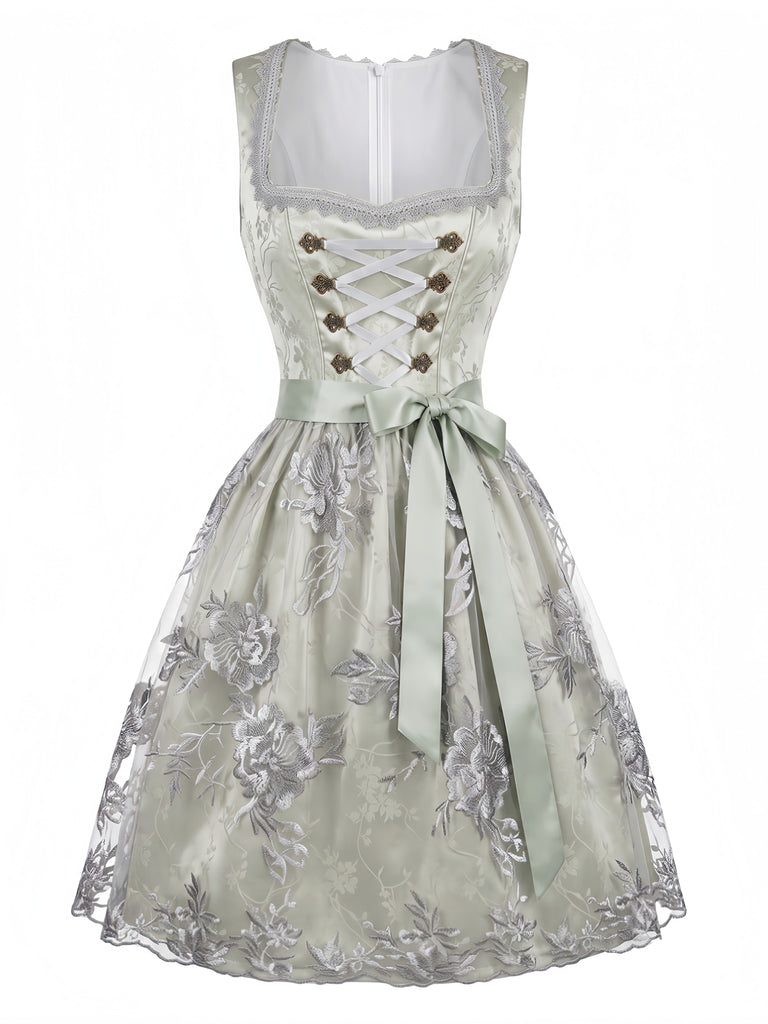 2PCS Blue 1950s Square Neck Floral Lace-Up Dress with Apron & Top