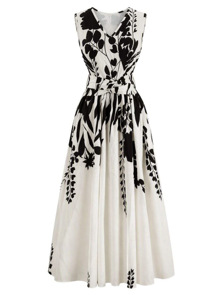 Beige 1940s Floral V-Neck Sleeveless Midi Dress