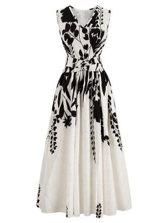 Beige 1940s Floral V-Neck Sleeveless Midi Dress