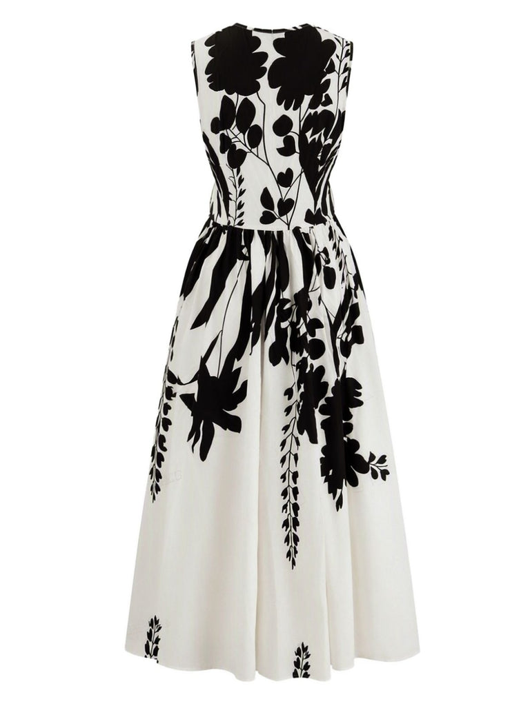 Beige 1940s Floral V-Neck Sleeveless Midi Dress