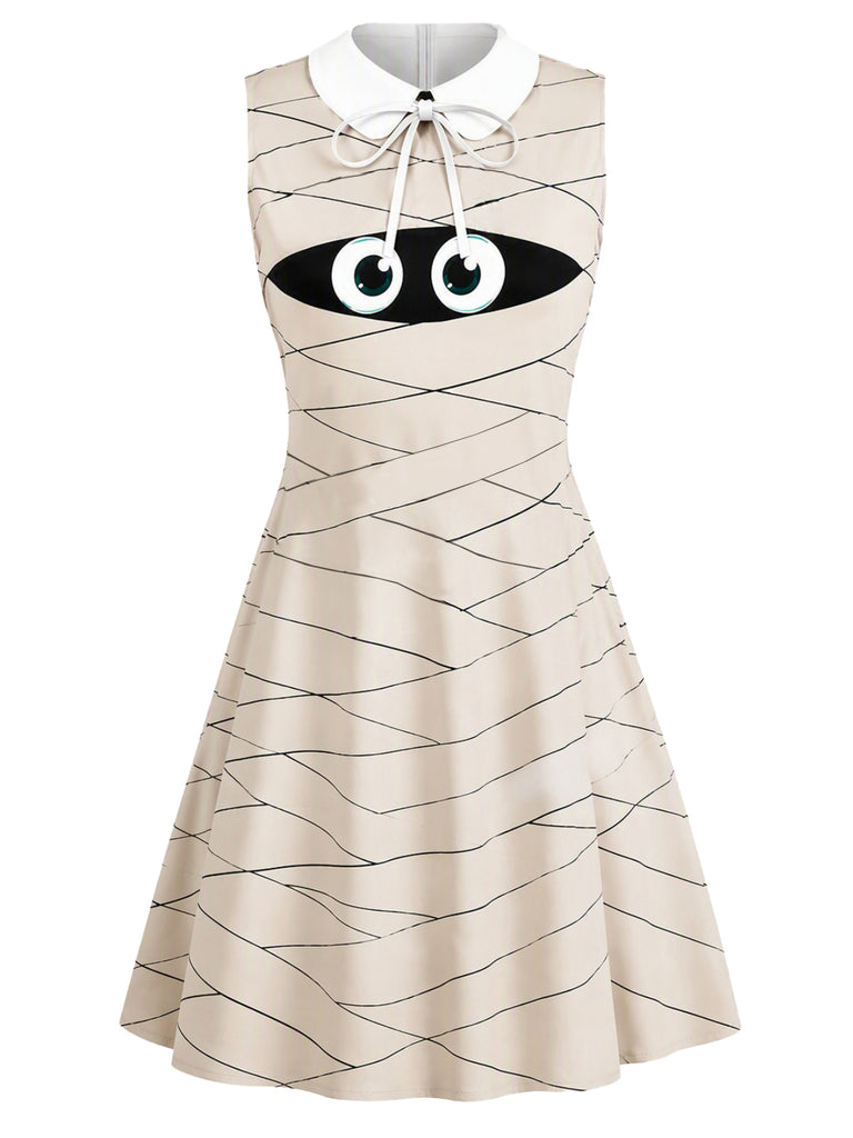 Beige 1960s Halloween Mummy Peter Pan Collar Sleeveless Dress