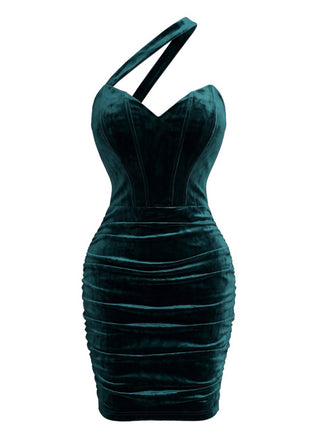 1960s Velvet One-Shoulder Ruched Bodycon Dress