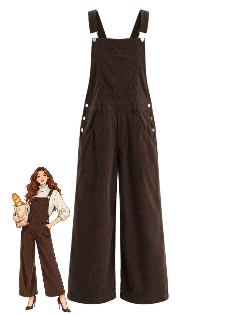 1950s Corduroy Multi-Pocket Wide Leg Bib Overalls