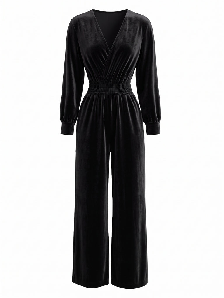 1950s Velvet V-Neck Long Sleeve Waist Smocked Jumpsuit