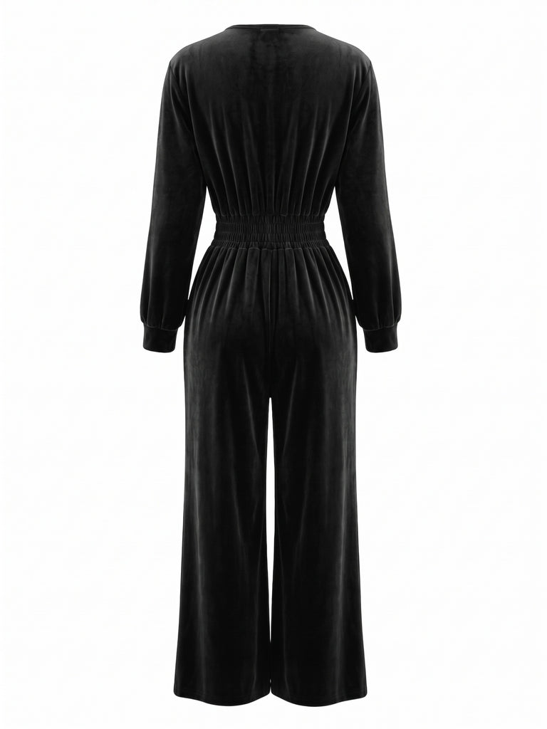 1950s Velvet V-Neck Long Sleeve Waist Smocked Jumpsuit
