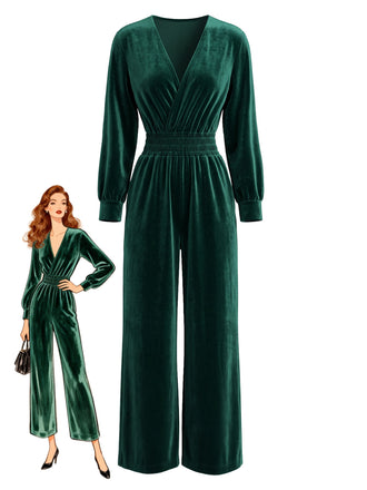 1950s Velvet V-Neck Long Sleeve Waist Smocked Jumpsuit