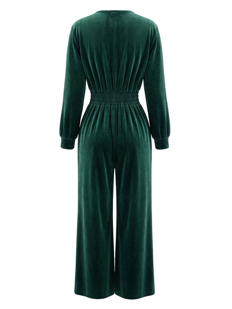 1950s Velvet V-Neck Long Sleeve Waist Smocked Jumpsuit