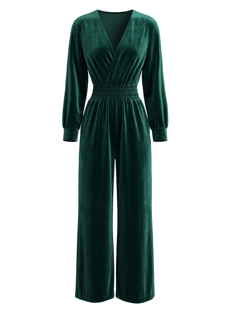 1950s Velvet V-Neck Long Sleeve Waist Smocked Jumpsuit
