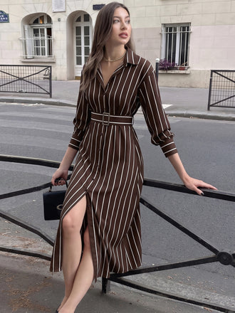 Dark Brown 1970s Striped Dress 1