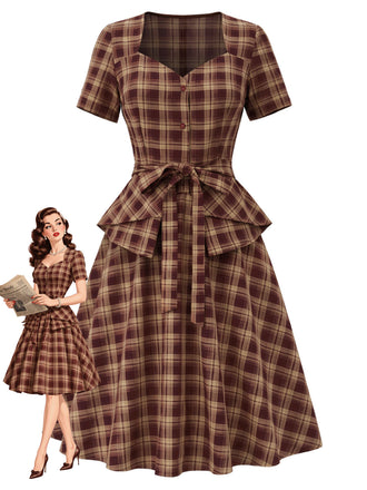 [Pre-Sale] 1950s Brick Red Plaid Sweetheart Neck Blouse 8