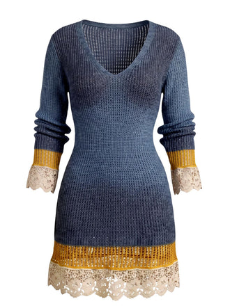 Blue 1960s Contrast Lace Trim V Neck Knit Mini Dress