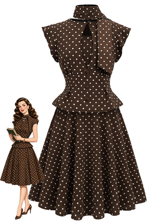 [Pre-Sale] 1950s Brown Polka Dot Puff Sleeve Dress 1