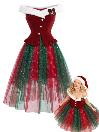 [Pre-Sale] 2PCS 1950s Christmas Snowflake Off-Shoulder Fur Top & Mesh Skirt
