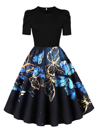 Black 1940s Butterfly Print Puff Sleeve A Line Dress