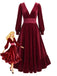Red 1950s Velvet V Neck Dress 1