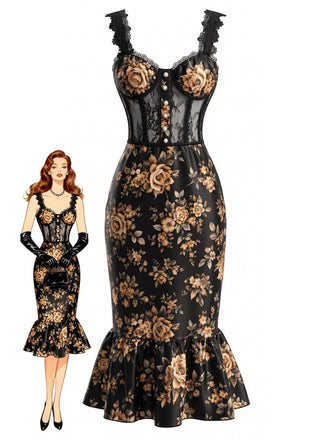 French Floral Fishtail Bodycon Midi Dress 1