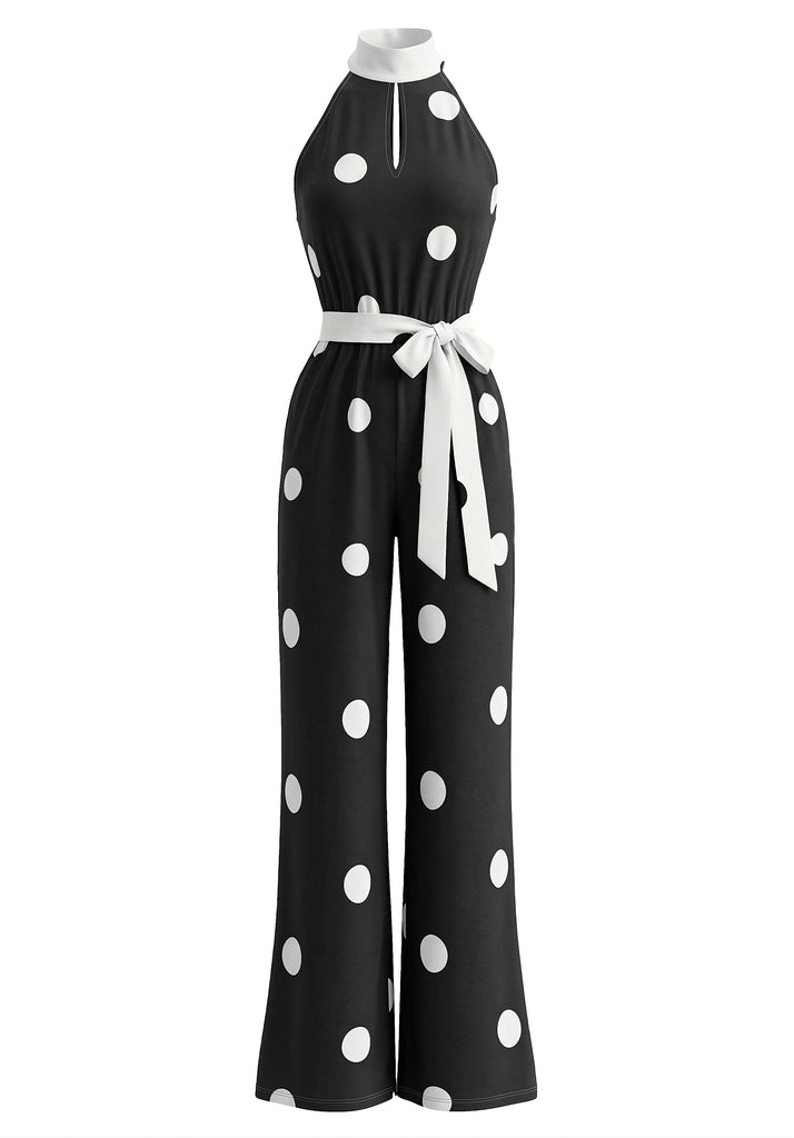 1970s Polka Dot Halter Sleeveless Wide Leg Belt Jumpsuit
