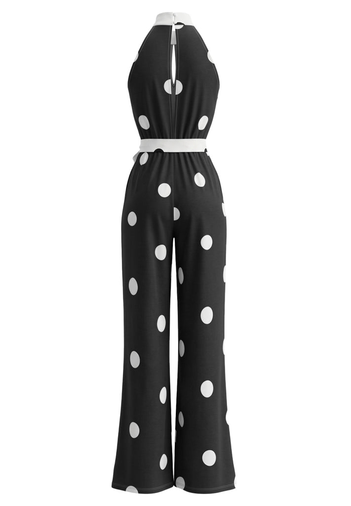 1970s Polka Dot Halter Sleeveless Wide Leg Belt Jumpsuit