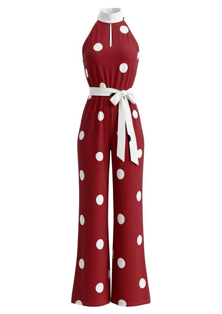 1970s Polka Dot Halter Sleeveless Wide Leg Belt Jumpsuit