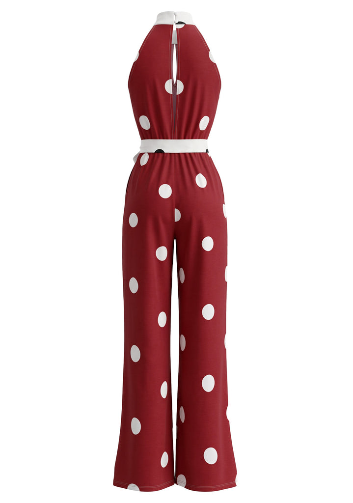 1970s Polka Dot Halter Sleeveless Wide Leg Belt Jumpsuit