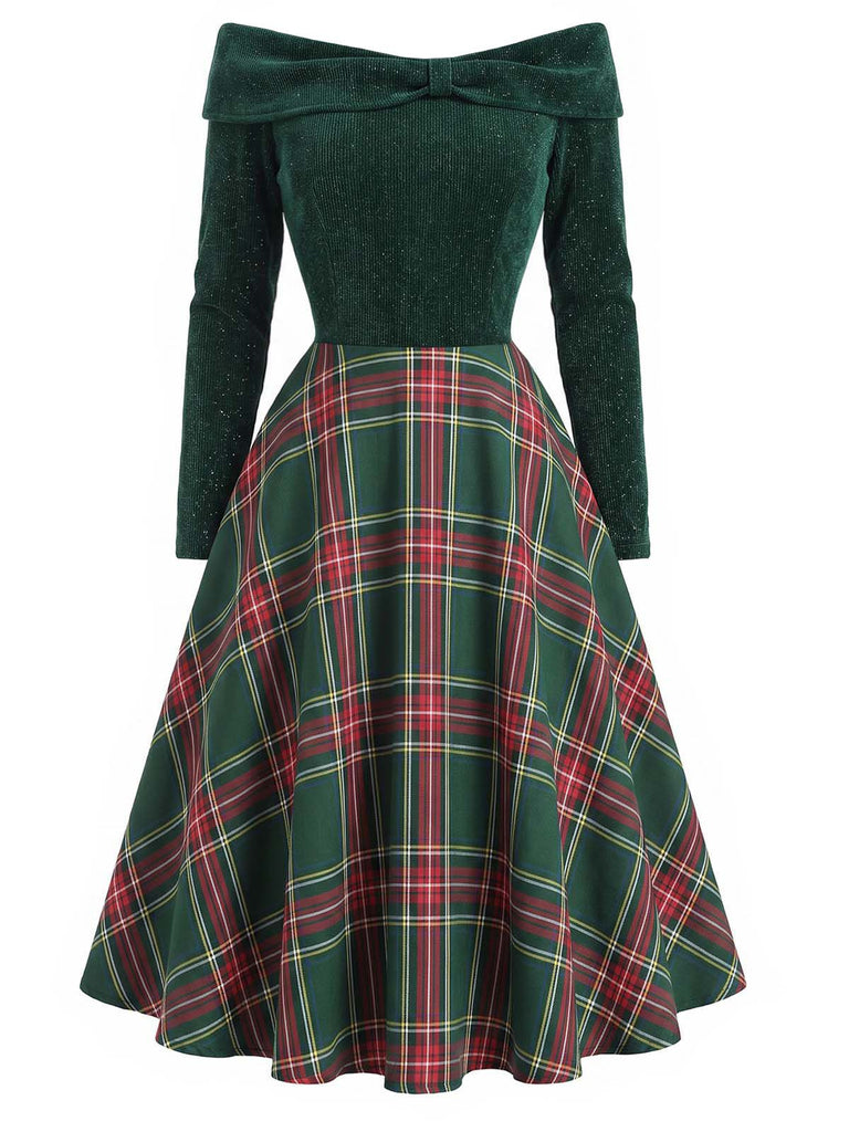 Red 1950s Christmas Off Shoulder Tartan Dress