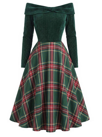Green 1950s Christmas Off Shoulder Tartan Dress