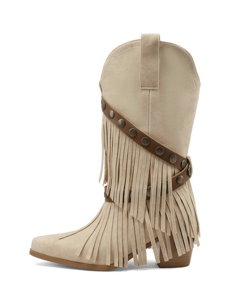 Vintage Denim Western Cowboy Tassel Mid-Calf Boots