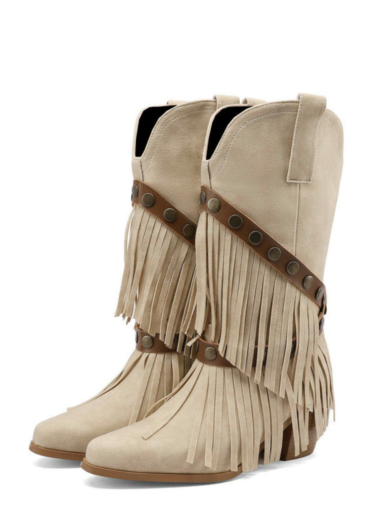 Vintage Denim Western Cowboy Tassel Mid-Calf Boots