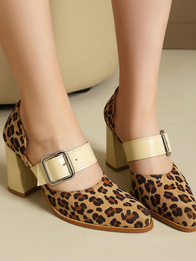 Leopard Buckle Strap Chunky High Heel Mary Jane Pumps