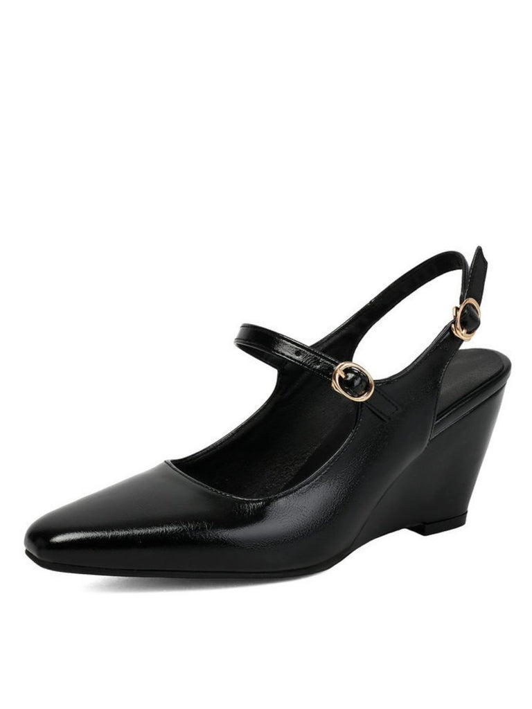 Faux Leather Pointed-Toe Wedge-Heeled Shoes with Buckles