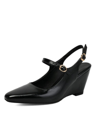 Faux Leather Pointed-Toe Wedge-Heeled Shoes with Buckles