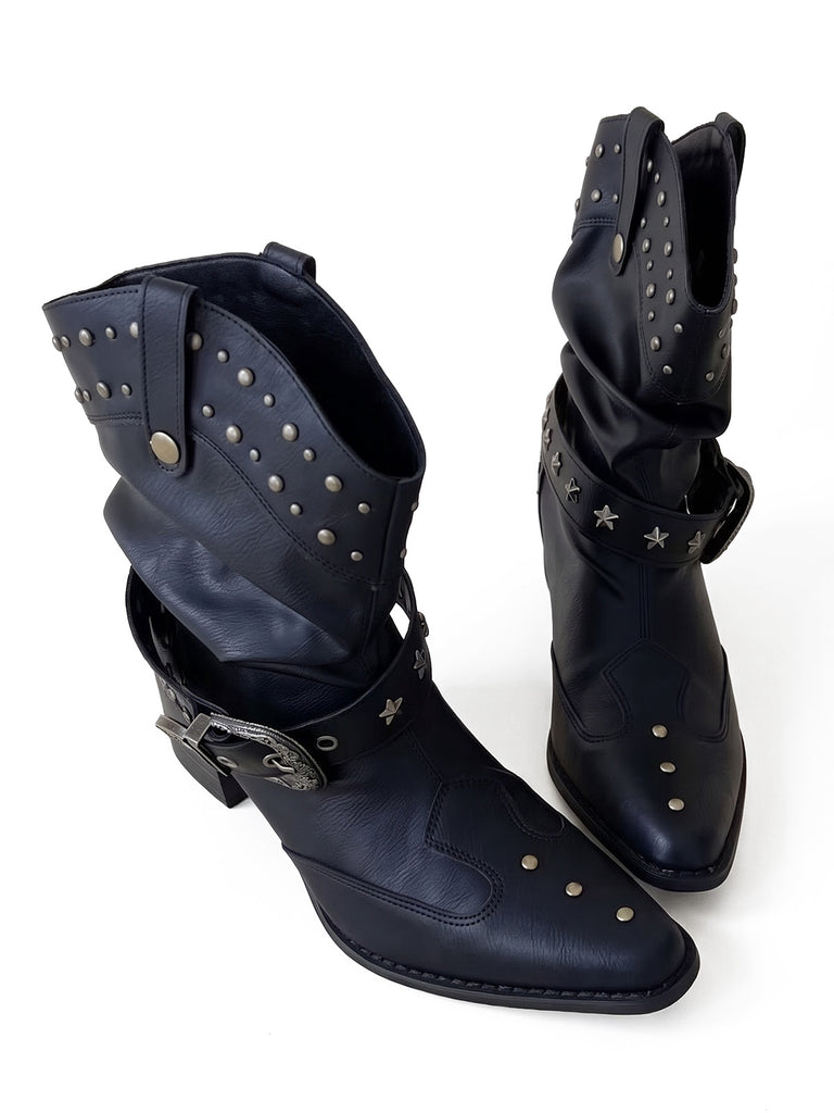 Studded Buckle Western Ankle Boots 2